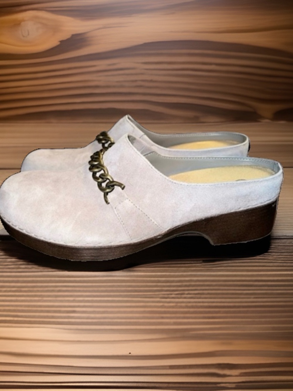 Bella-Vita Beige Leather Chain Mule, Women’s Size 11M Slip Resistant